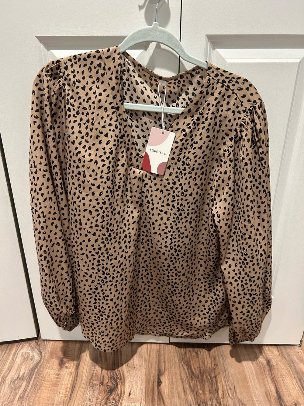 Evereve Tan Leopard Print Long-Sleeve Blouse